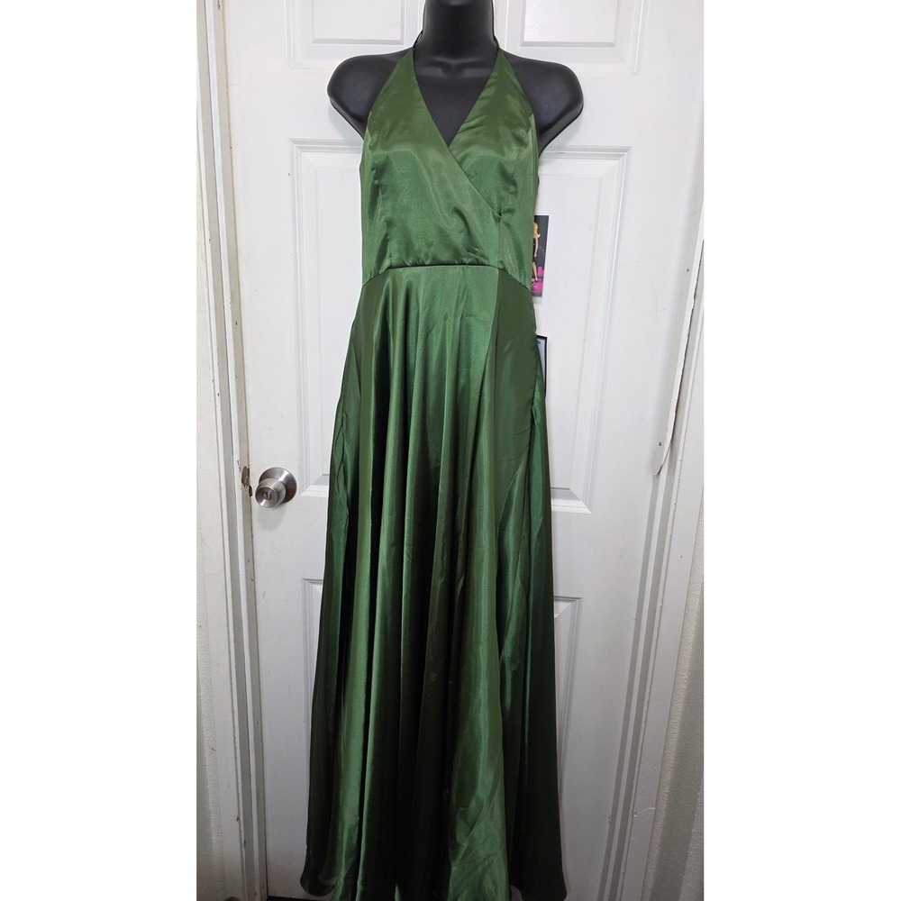 NEW Blondie Nites Halter Gown Women's 7 Olive Green Satin Prom Formal Dress